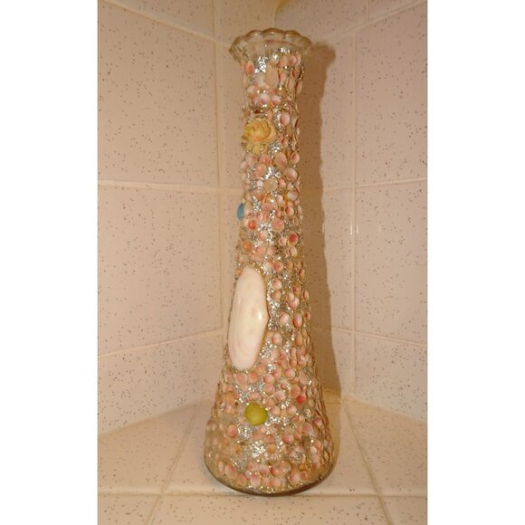 Vintage Florida Souvenir Tiny Shells Encrusted Covered Flower Glass Vase glitter - Picture 5 of 14